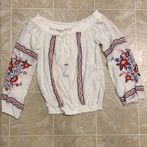 Embroidered Off-the-shoulder Long-sleeve Top